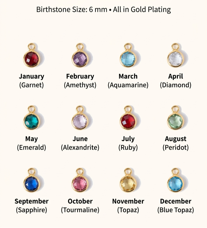 Custom birthstone selection chart featuring gold-plated 6mm gemstone charms, numbered and labeled from January (Garnet) to December (Blue Topaz)