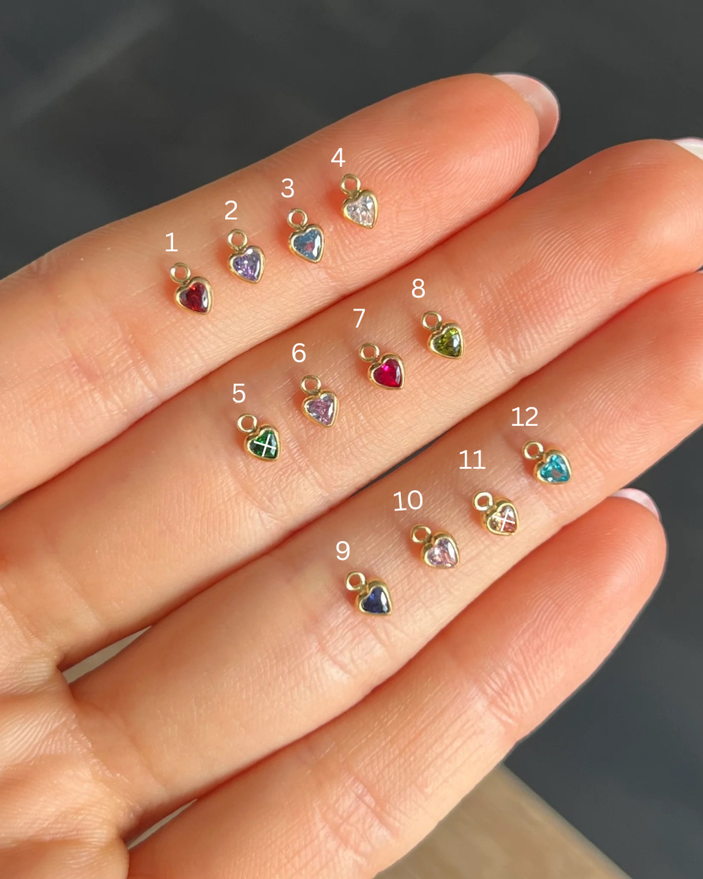 Color selection chart for MCJ custom Morse code necklaces, showing 3mm gemstone hearts numbered 1 through 12 to personalize between your initials[cite: 11].